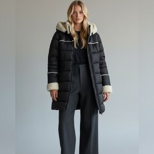 Tahari Demi Faux Leather Trim Black Sherpa Puffer Hooded Jacket NEW Large $360